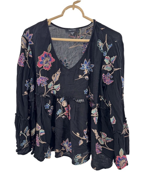 Karen Kane Tops - Karen Kane Black Embroidered V-Neck Peplum Top floral bell sleeve XL flowy boho